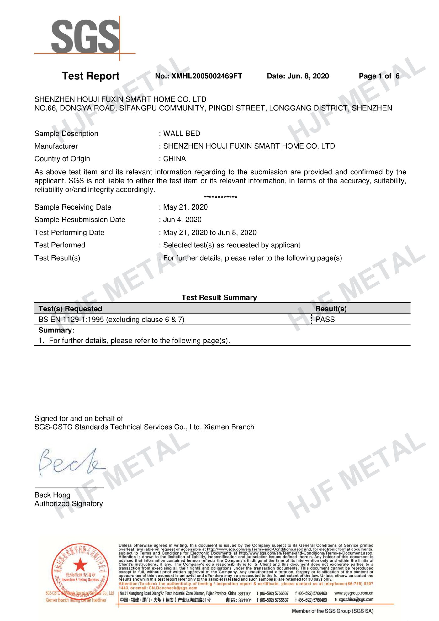 SGS EN 1129 test report for wall bed